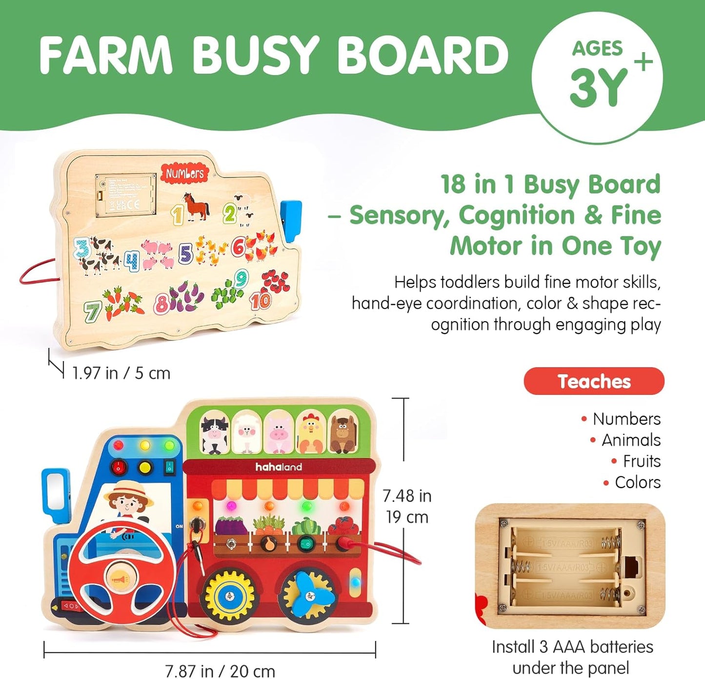 hahaland Montessori Busy Board for Toddlers 3-5, 18-in-1 Wooden Sensory Activity Board with LED Lights & Switches, Educational Montessori Toy for Fine Motor Skills, Kids Gift