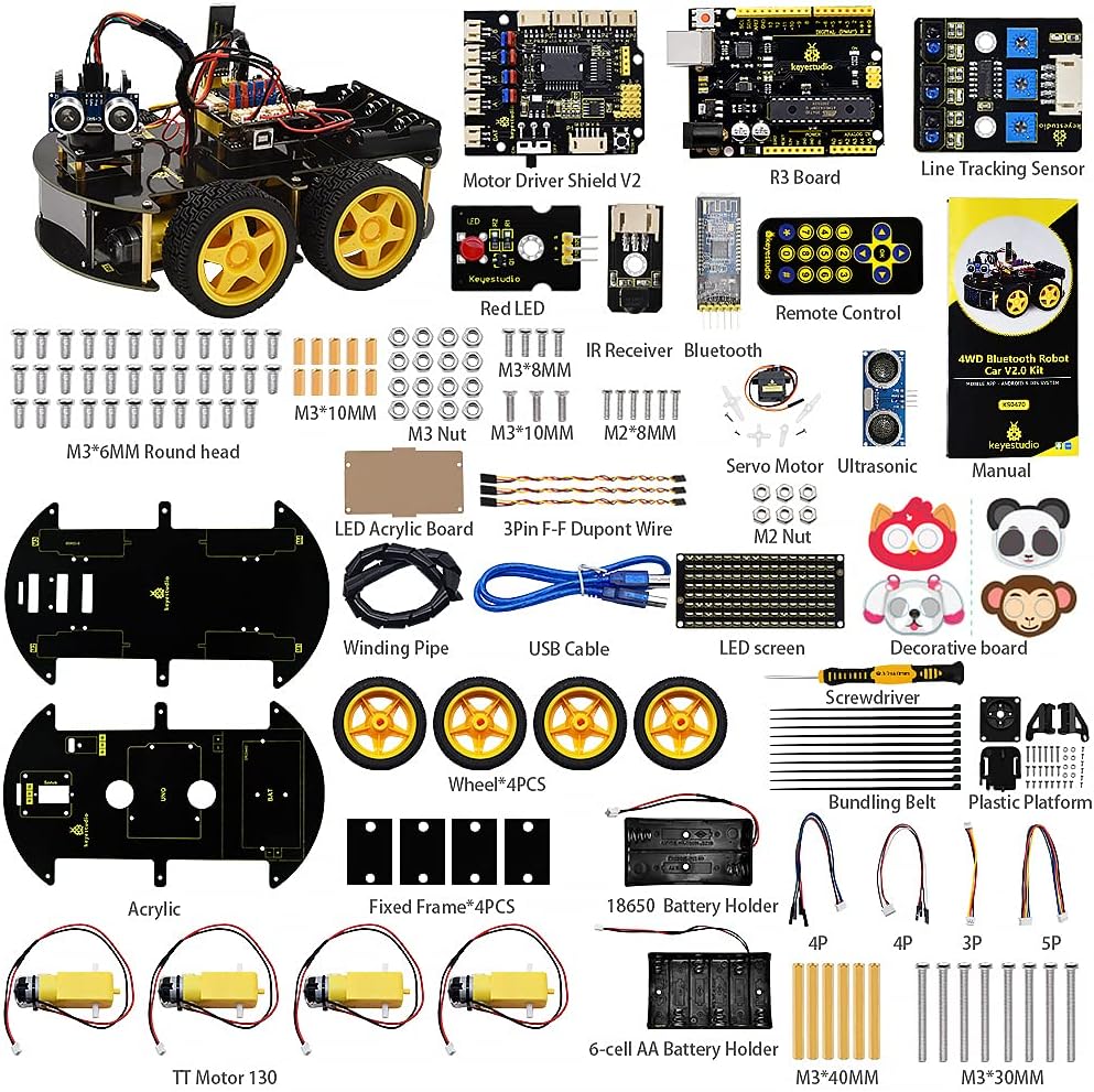KEYESTUDIO Smart Car Robot,4WD Programmable DIY Starter Kit for Arduino for Uno R3,Electronics Programming Project/STEM Educational/Science Coding Kit for Teens Adults,15+