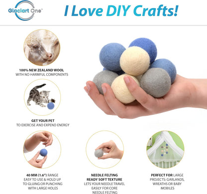 Glaciart One Felt Balls, Felt Pom Poms (5 Pieces) 4 Centimeters - 1.6 Inch, Handmade Felted 5 Vibrant Colors Wool Balls for Cats, Felting and Garland