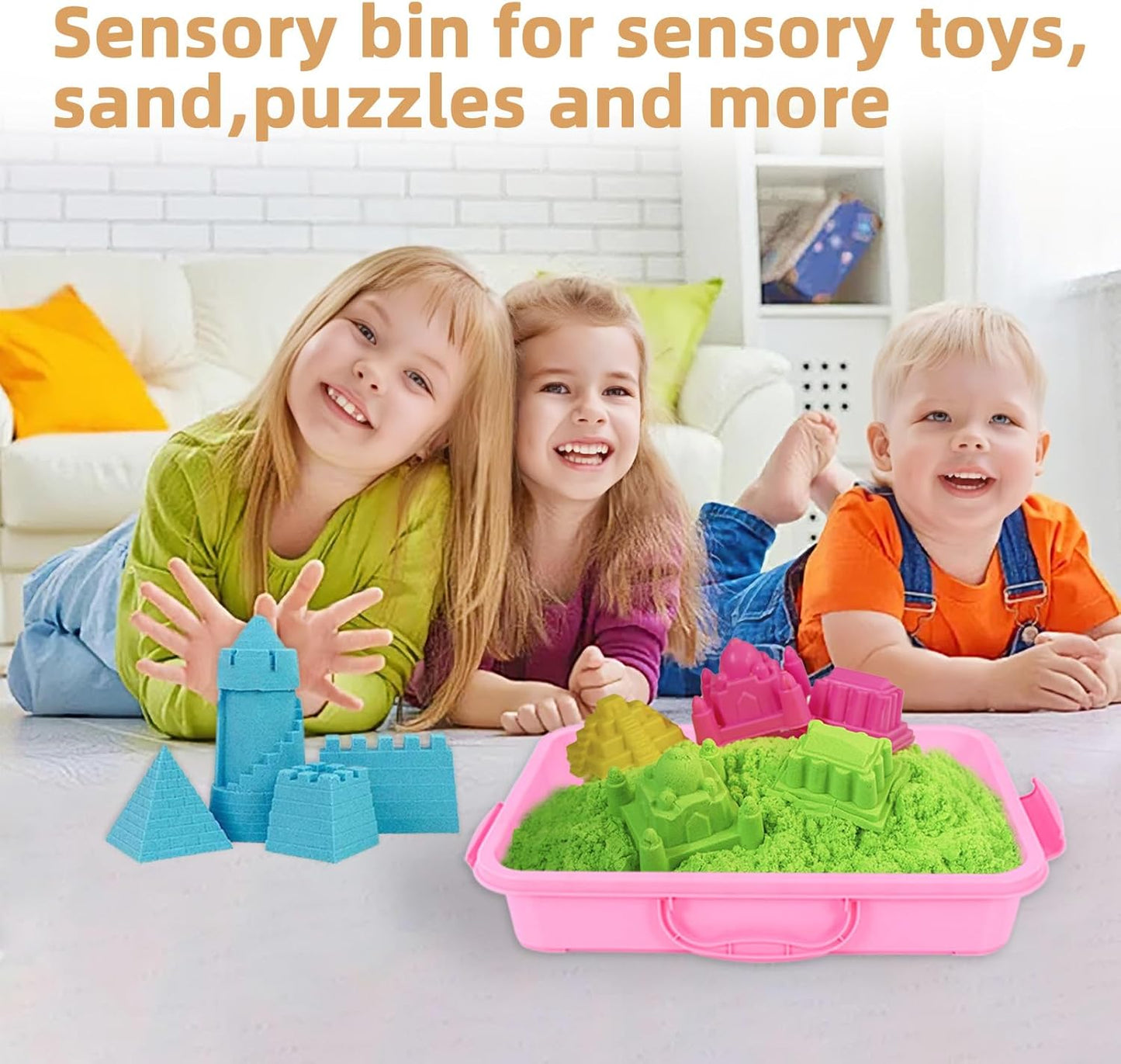 3 Pcs Plastic Sensory Bins-Portable Sandbox Container with Handle & Clear Lid-Stackable Play Tray for Kids Storage Sand,Toys & Crafts-Organizing Container for Home,Office and More(Green+Blue+Pink)