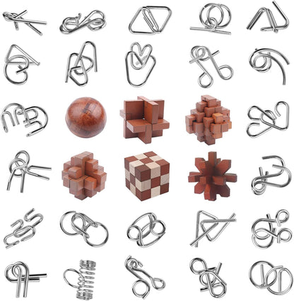 RLYLF 30pcs Brain Teaser Puzzles Game for Adults and Kids Ancient Wooden and Metal Puzzles 3D Educational Toys IQ Logic Train Family Games Party Favor Coffee Time Unlock Interlock Puzzles Box