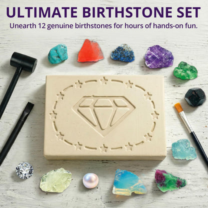PIBEX Birthstone Dig Kit, Excavate 12 Real Gems & Crystals, DIY Gemstone Necklace & Bonus Pendant, STEM Educational Gemology Toy, Rock Geology Gifts for Boys & Girls 6-12