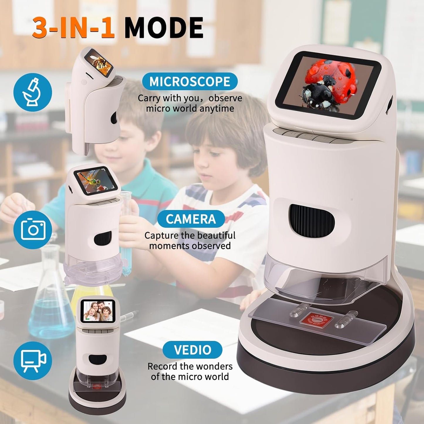 Microscope for Kids,1000X Magnification.Digital Microscope with 1080p 2" HD Screen,Photo & Video Recording,USB Rechargeable.Microscope for Kids 8-12