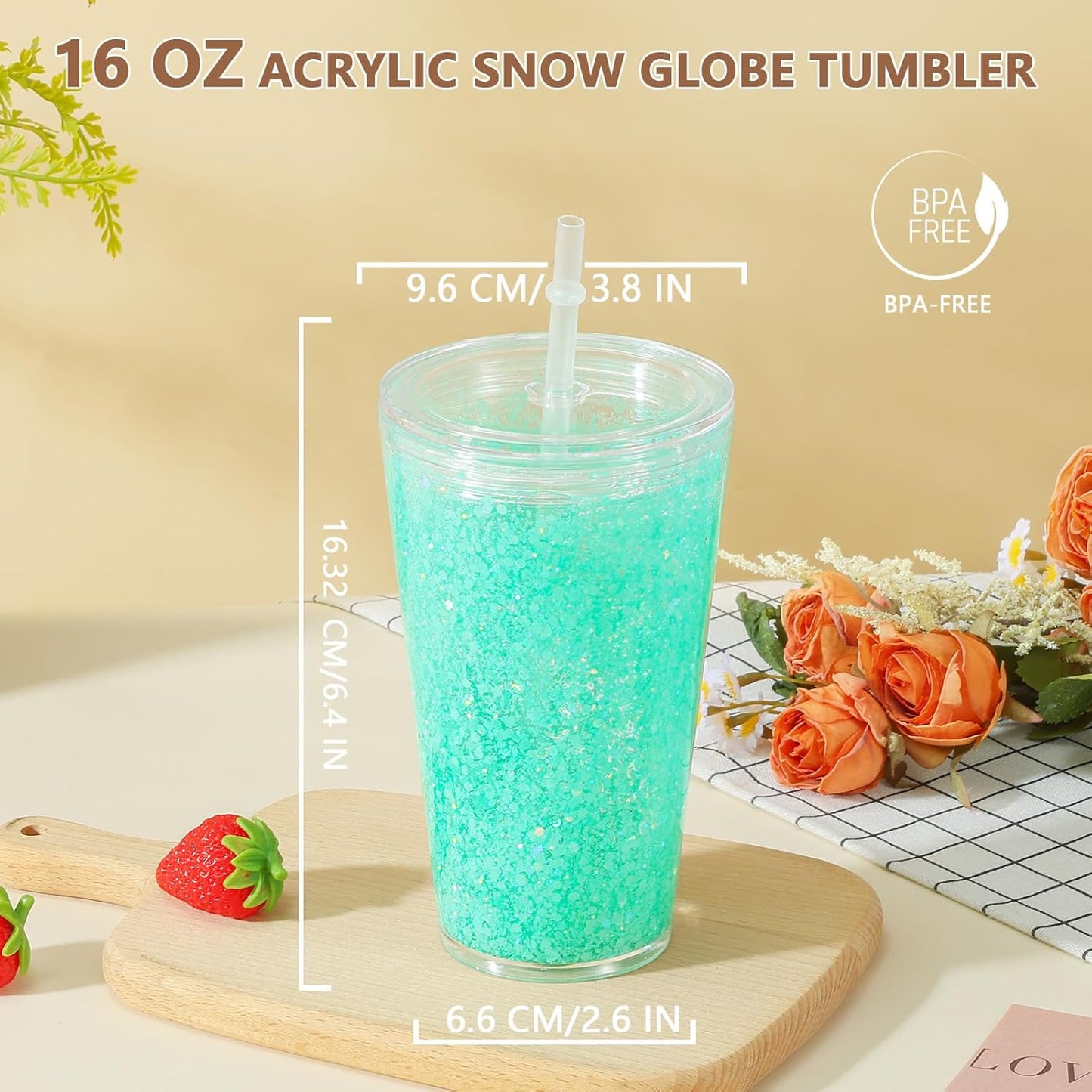16 Oz Acrylic Kids Snowglobe Tumbler, 8 Pack Pre-Drilled Double Wall Plastic Snow Globe Cup for Glitter Snow Globe Diy