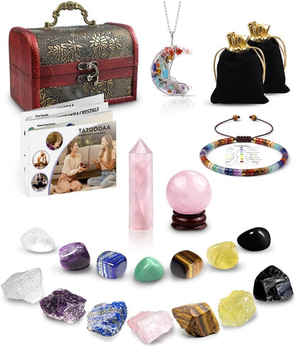 Crystals and Healing Stones, 9 Pcs Healing Crystals Set, 7 Chakra Crystal Stones Set Real Natural Selenite Pyramid Reiki Raw Rock Energy Protection Meditation with Wooden Box, Crystal Gifts for Women