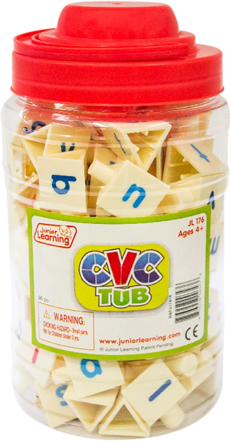 Junior Learning CVC Tri-Blocks Tub, 90 Blocks, Ages 4-5, Phonemic Awareness, Pre K-1, White