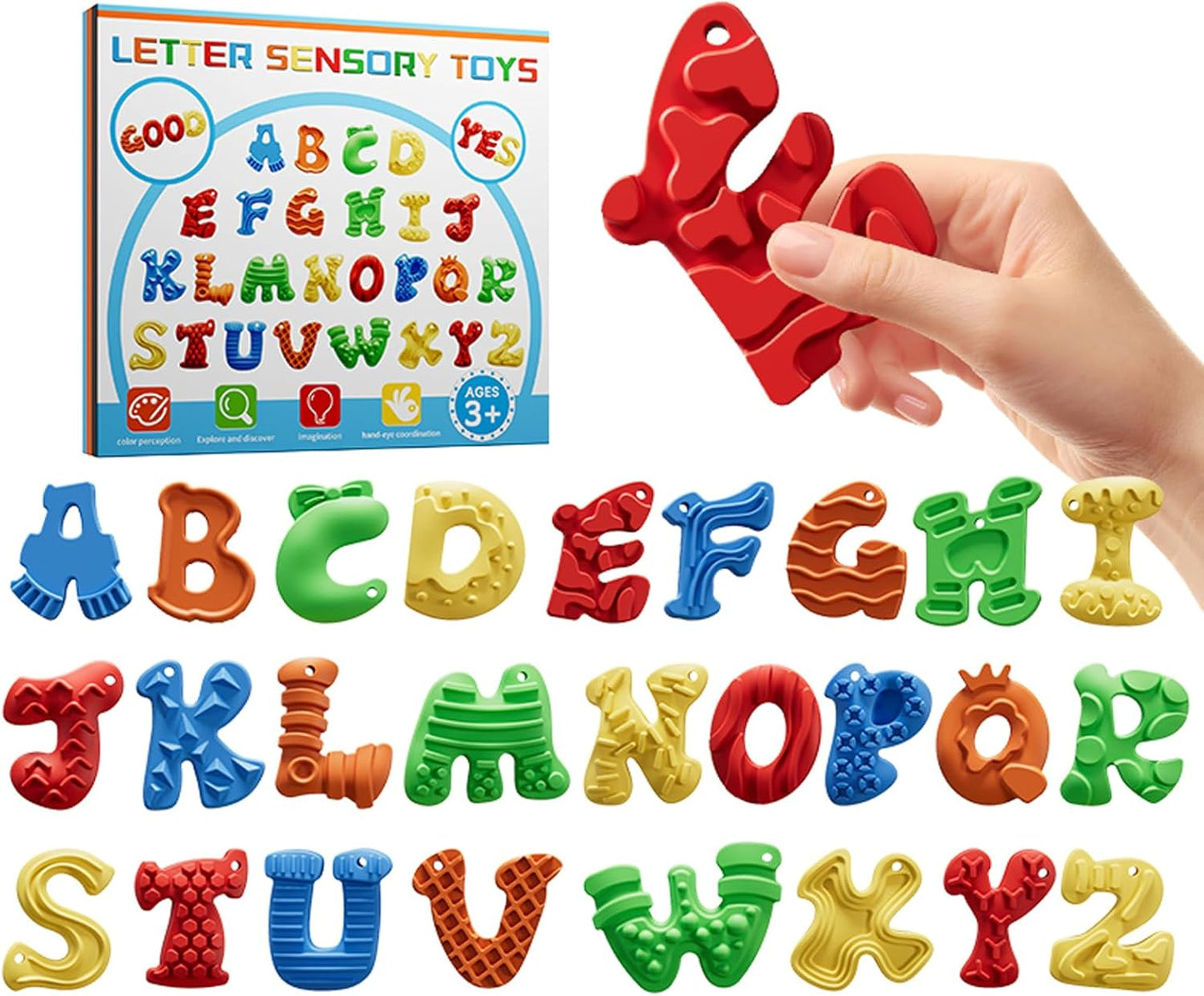 26PCS Alphabet Letter Fidget Toys, Textured Sensory Stress Relief Set for Autism ADHD Kids, Calming Anxiety Fidget Toys for Students, Classroom Prizes & Party Favors