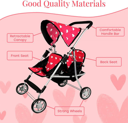 The New York Doll Collection First Twin Stroller - Cutest Heart Design Baby Strollers Great Toy Gift for Toddlers and Girls (Denim) Blue,pink