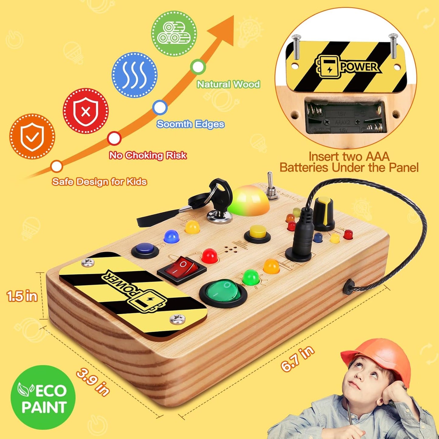 TINTECUSA Busy Board Montessori Toys for Toddler, Wooden Sensory Board Switch Toy with Shape Sorter LED Light Up Toys Educational Plane Travel Activity for Girls & Boys