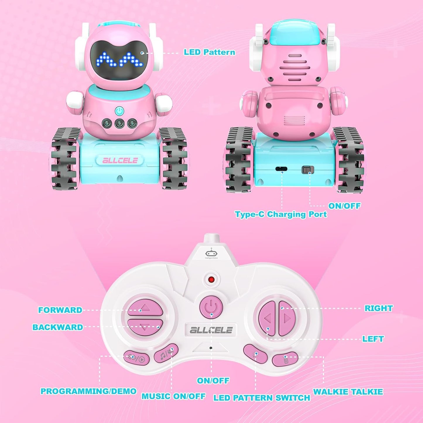 ALLCELE LED RC Robot Toys for Girls with Programming, Music, Demo and LED Function, Remote Control Robot Toy, Gift for Girls 3-8 Years Old Blue Pink