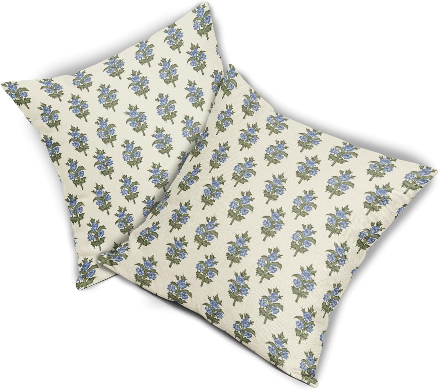 Sage Green Blue Floral Block Print Pillow Covers 18x18 Set of 2 Spring Flower Pattern Decorative Throw Pillowcases Outdoor Rustic Farmhouse Square Cushion Cases Decor for Home Couch Sofa Bed