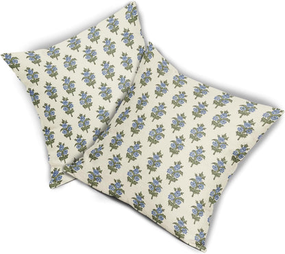 Sage Green Blue Floral Block Print Pillow Covers 18x18 Set of 2 Spring Flower Pattern Decorative Throw Pillowcases Outdoor Rustic Farmhouse Square Cushion Cases Decor for Home Couch Sofa Bed