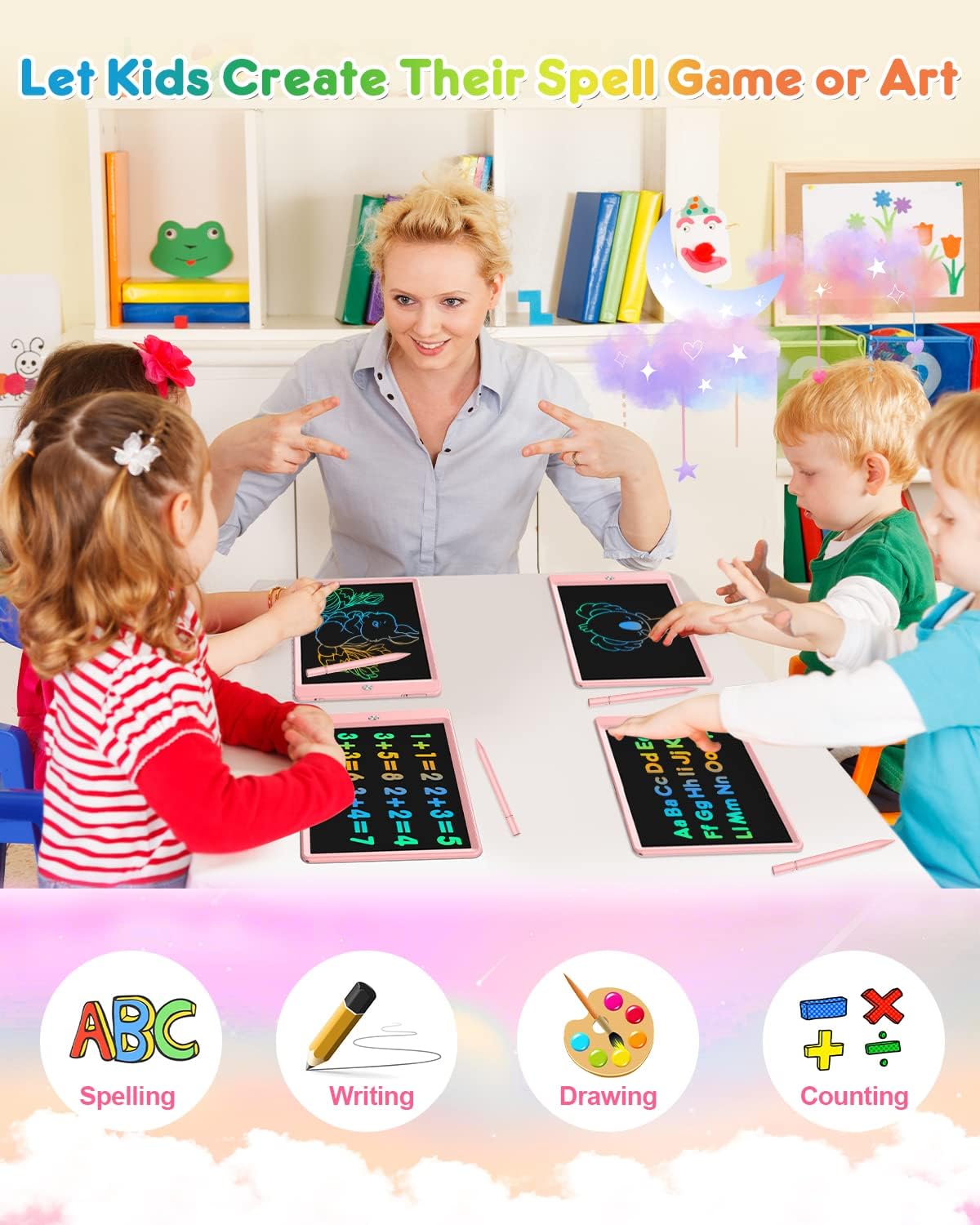 FLUESTON LCD Writing Tablet for Kids, 10 Inch Doodle Board, Colorful Drawing Pad for Toddler, Educational Travel Toy Gifts for 3-8 Year Old Girls Boys, Erase Lock Writing Board