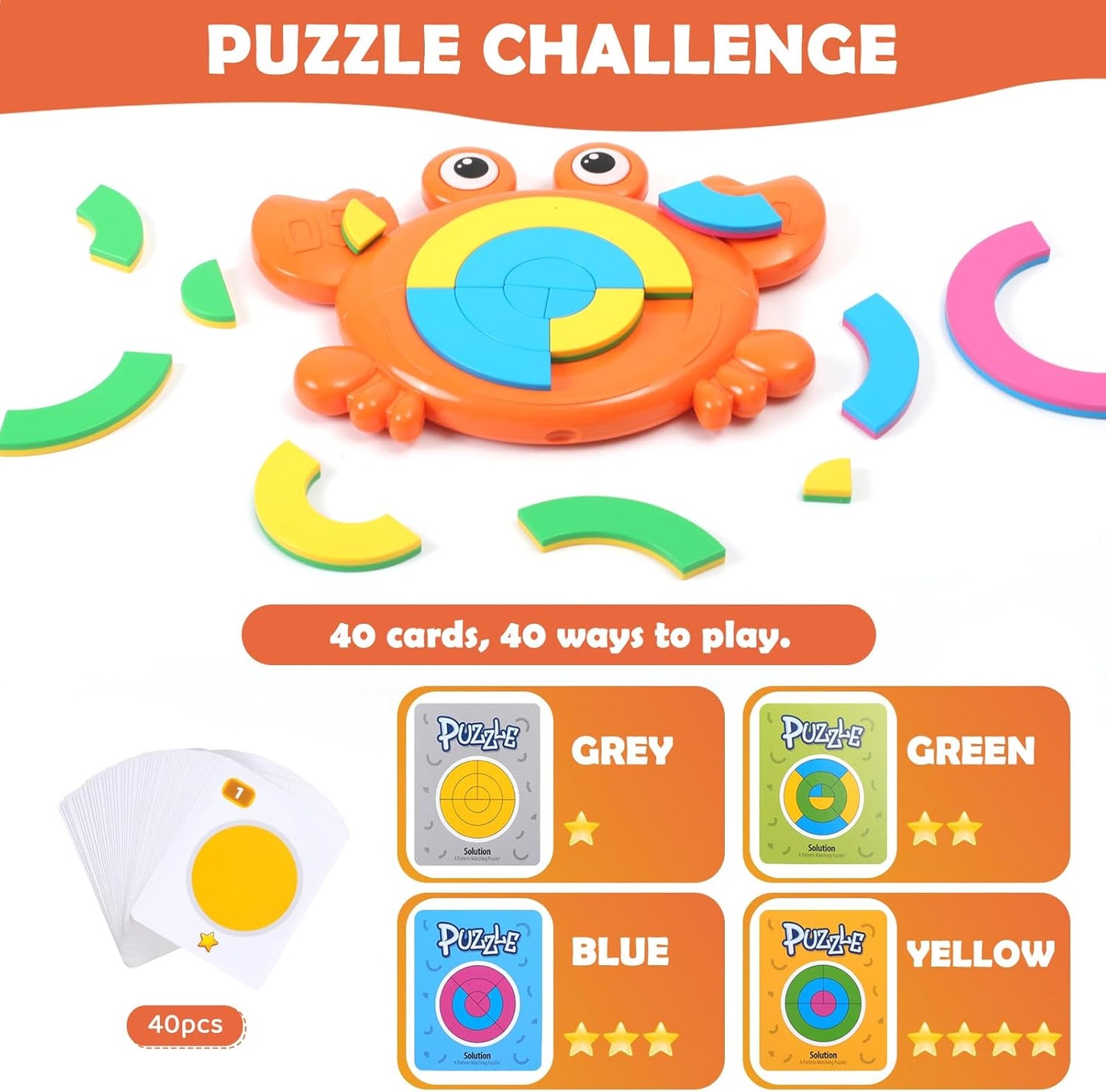 Crabzzle Educational Puzzles for Kids Ages 3+, 2-in-1 Match Picture Fraction Learning Brainteaser Toy