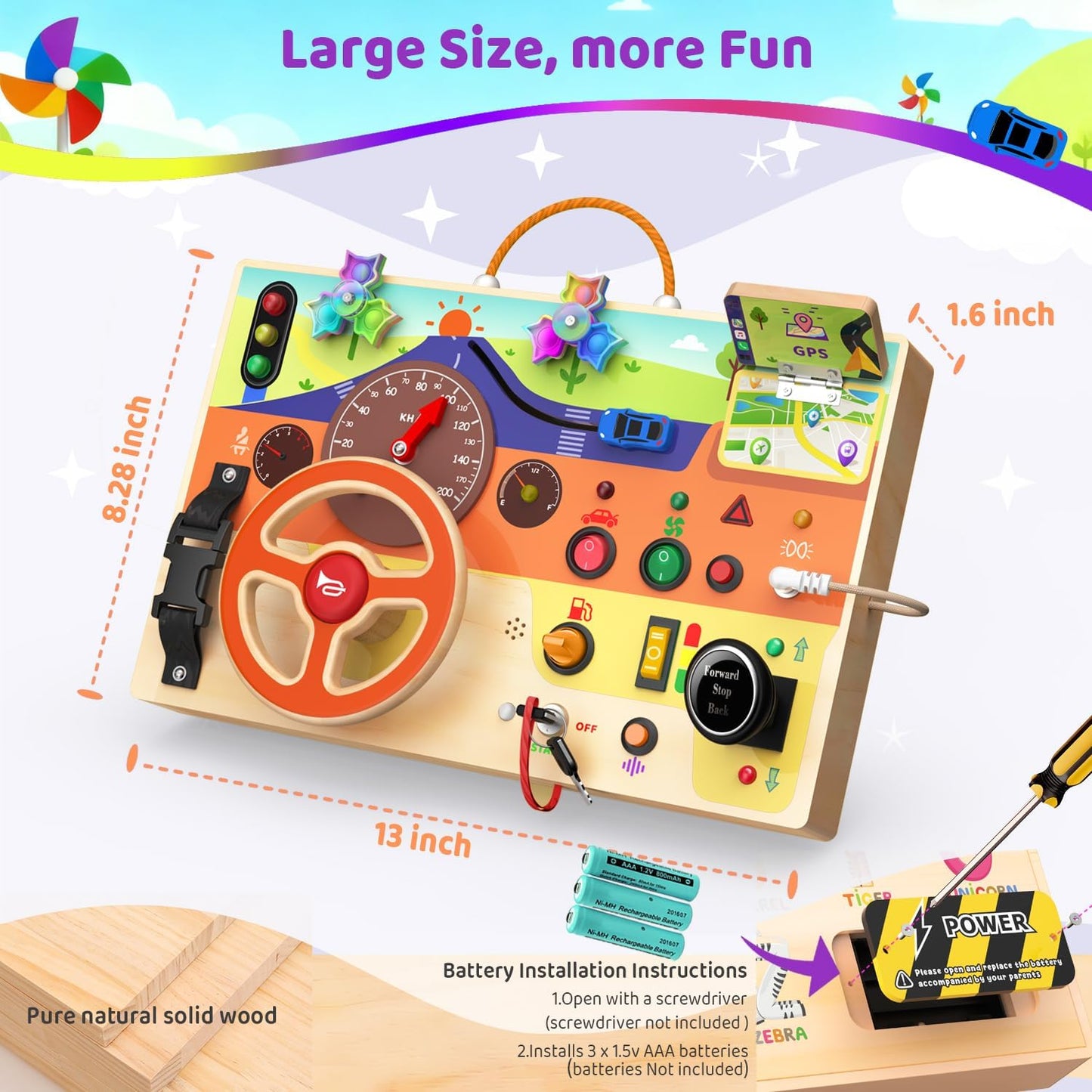 UdoUto Montessori Wooden Busy Board for Toddlers with LED Light Lights & Switches,Portable Activity Board for Car & Airplane Travel Toys, Christmas & Birthday Gift for 1-3 Year Old Boys & Girls