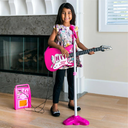 Best Choice Products Kids Electric Guitar Set with Microphone & Amp, Interactive Musical Toy for Boys & Girls, Lights & Sounds, Demo Songs, AUX Input, DIY Stickers - Blue