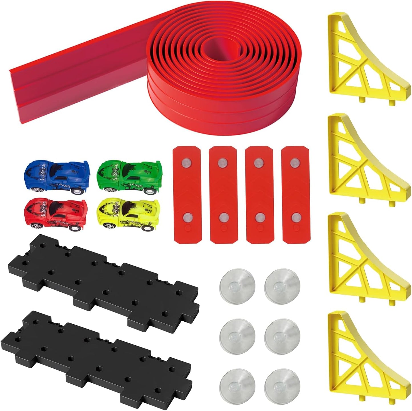 16.5ft Build Anywhere Portable Race Track with Suction Cups - Flexible Roll-Up Design Fits 1/64 Scale Cars, Portable Toy Gift for Kids 4+ Year Old (3 Tracks/Red)