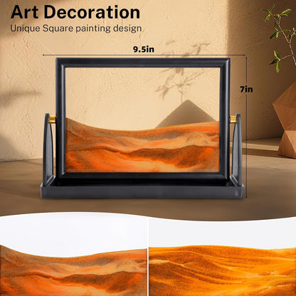 BOLGRLONG Moving Sand Art Liquid Motion 3D Dynamic Mountains Sandscape Painting, Square Glass Sands Painting with Easy-Flip Stand, Sensory Relaxing Decor for Home and Office (9") (Black)