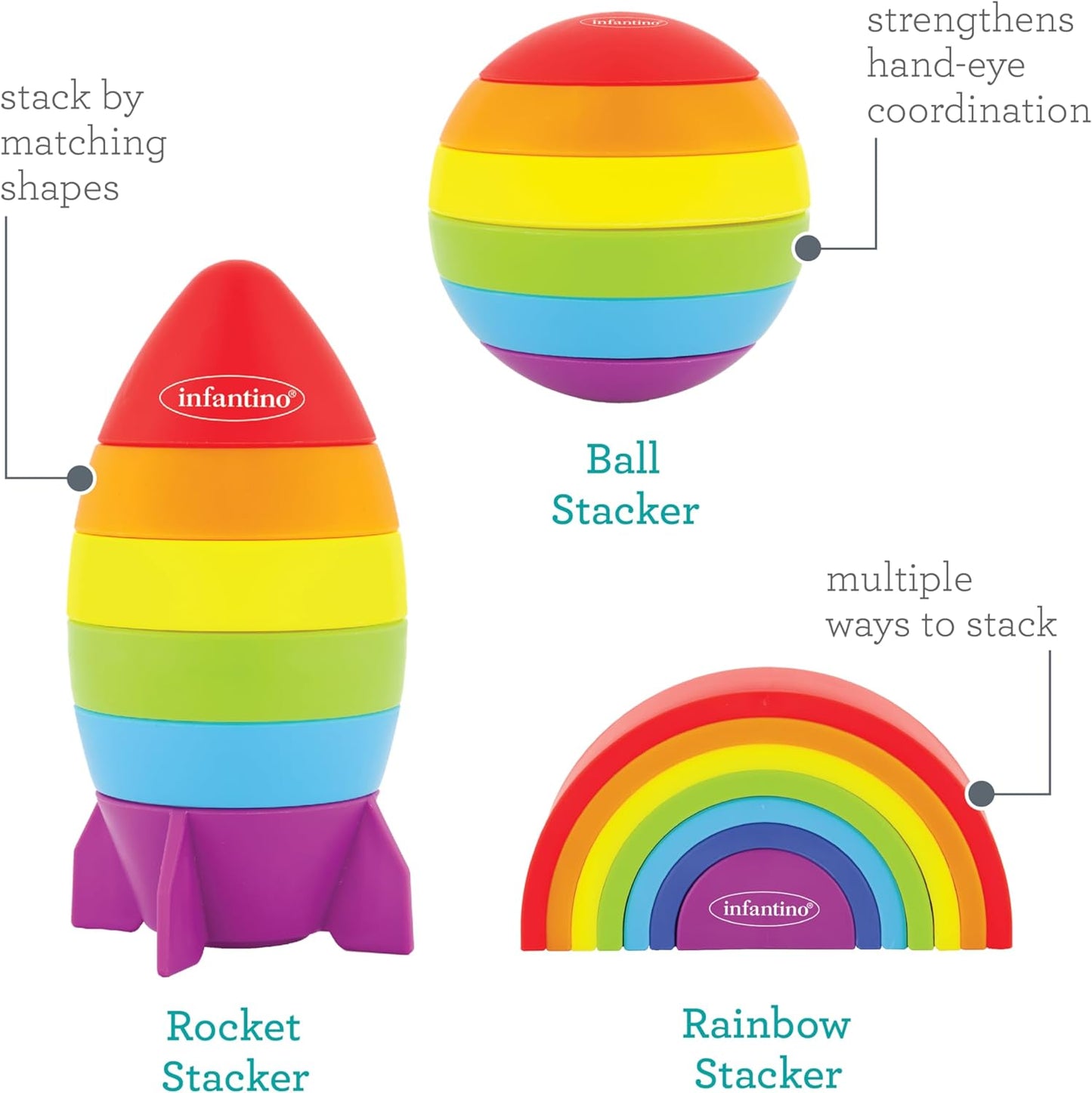 Infantino Imagination Stackers Playset, Rainbow Stacker, Rocket Stacker, Ball Stacker for Babies 12M+, 3-Style Set, 19 Pieces