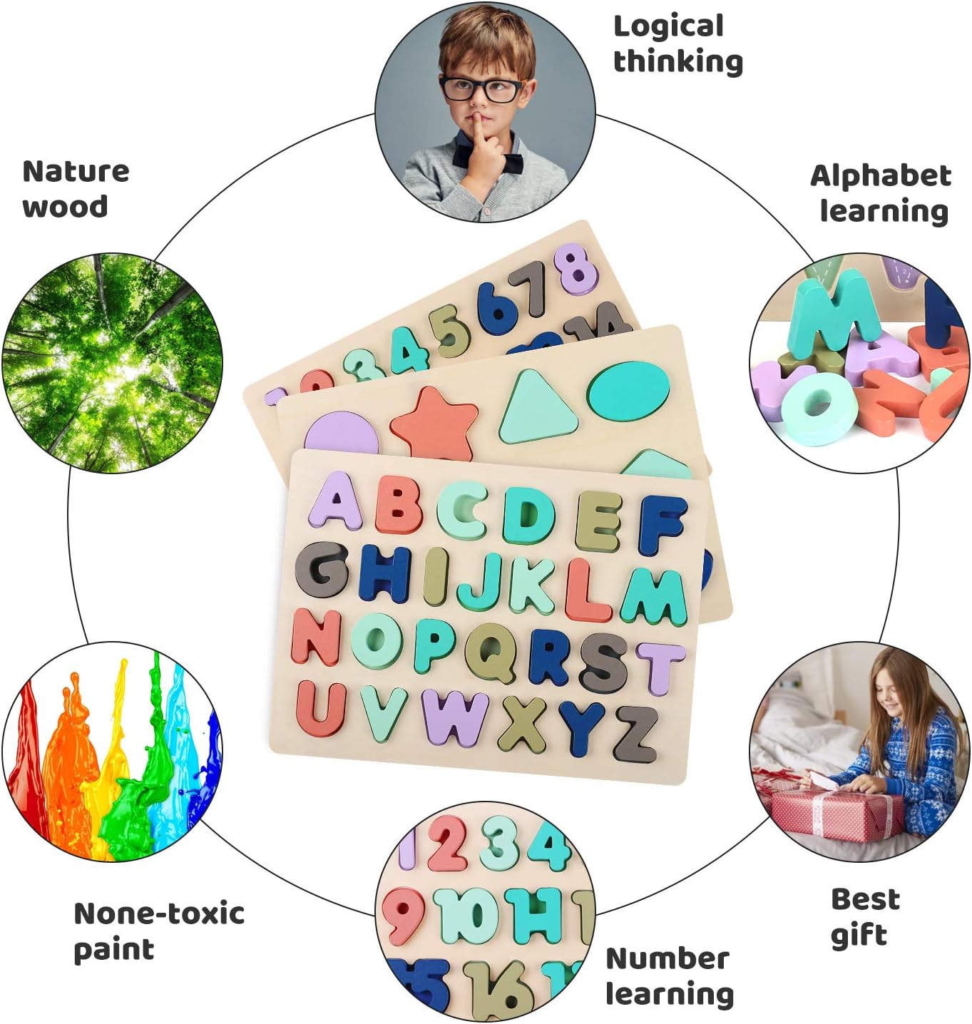 Wooden Puzzles for Toddlers, Voamuw Alphabet Number Shape Learning Puzzle for Kids Ages 3 4 5, Montessori Toys Preschool Education Chunky Jigsaw for Boys and Girls