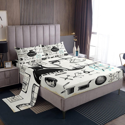Erosebridal Science Theme Bed Sheets Set Full Size for Boys Girls Chemistry Periodic Table Print Sheet Set Chemical Subject Theme Sheets Teens Kids Math Science Atyle Fitted Sheet 4 Pcs