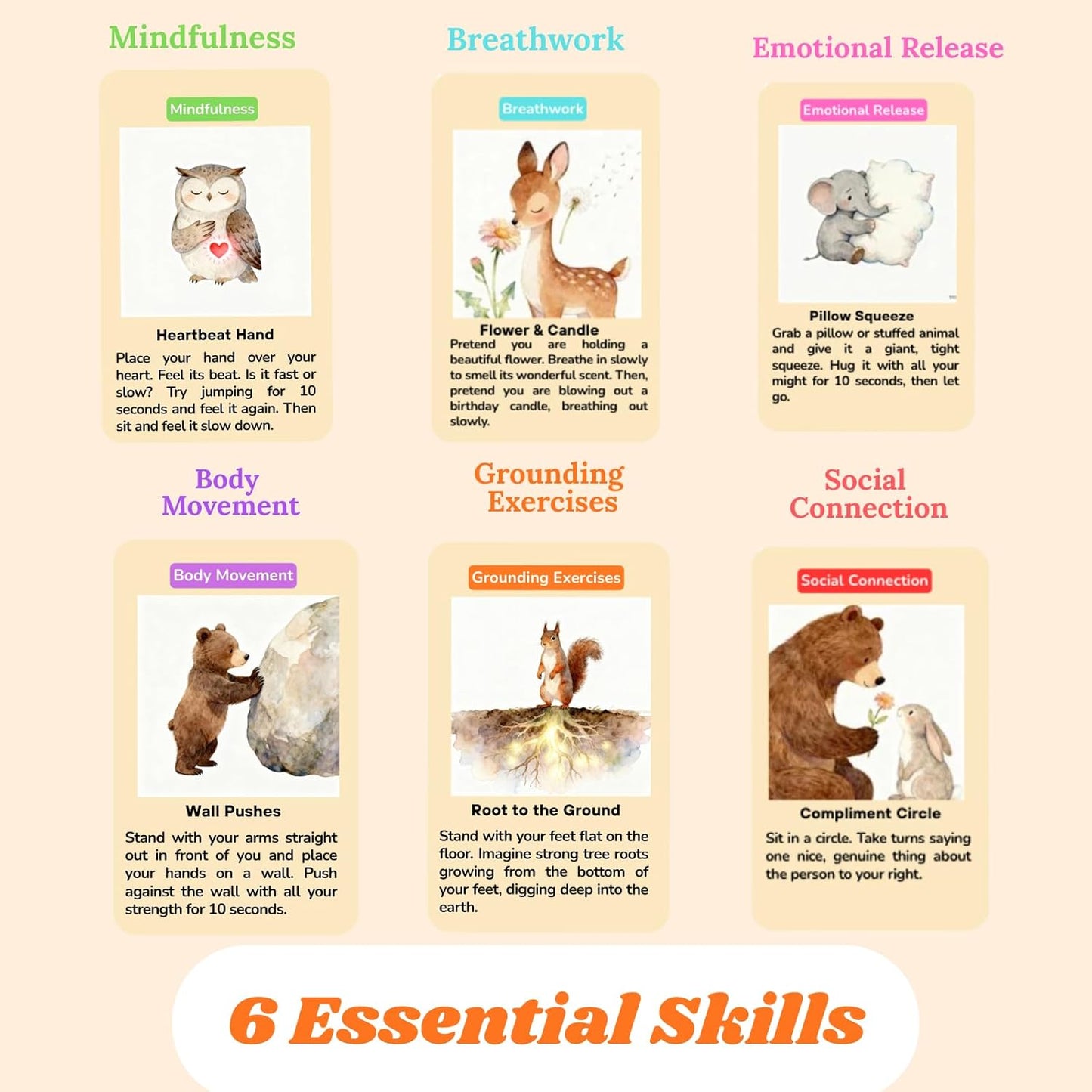 Somatic Therapy Cards for Kids, 52 Mindfulness & Emotional Regulation Activities for Calm, Focus, Coping Skills - Social Emotional Learning Tools for Parents, Therapists, Ages 6–12, Calm Down Corner