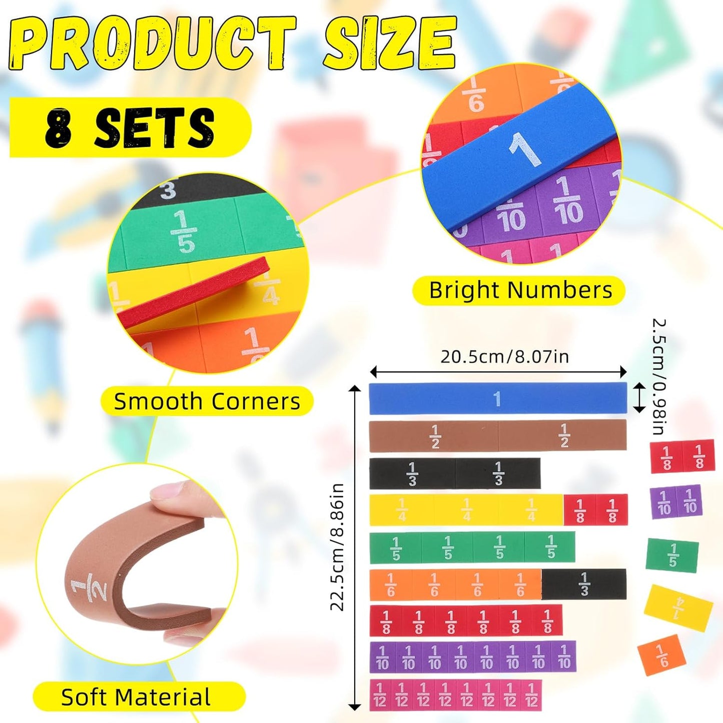 Sayglossy 48 Sets Fraction Tiles Set for Math Classroom Fractions Manipulatives Math Learning Manipulatives for Home School Supplies