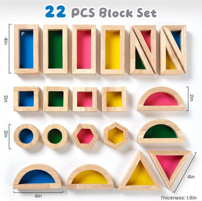 WOODENFUN Wood Building Blocks Set for Kids, 32 Pcs Rainbow Stacker Stacking Game Construction Toys Set Preschool Colorful Learning Educational Toys, Geometry Wooden Blocks for Boys Girls
