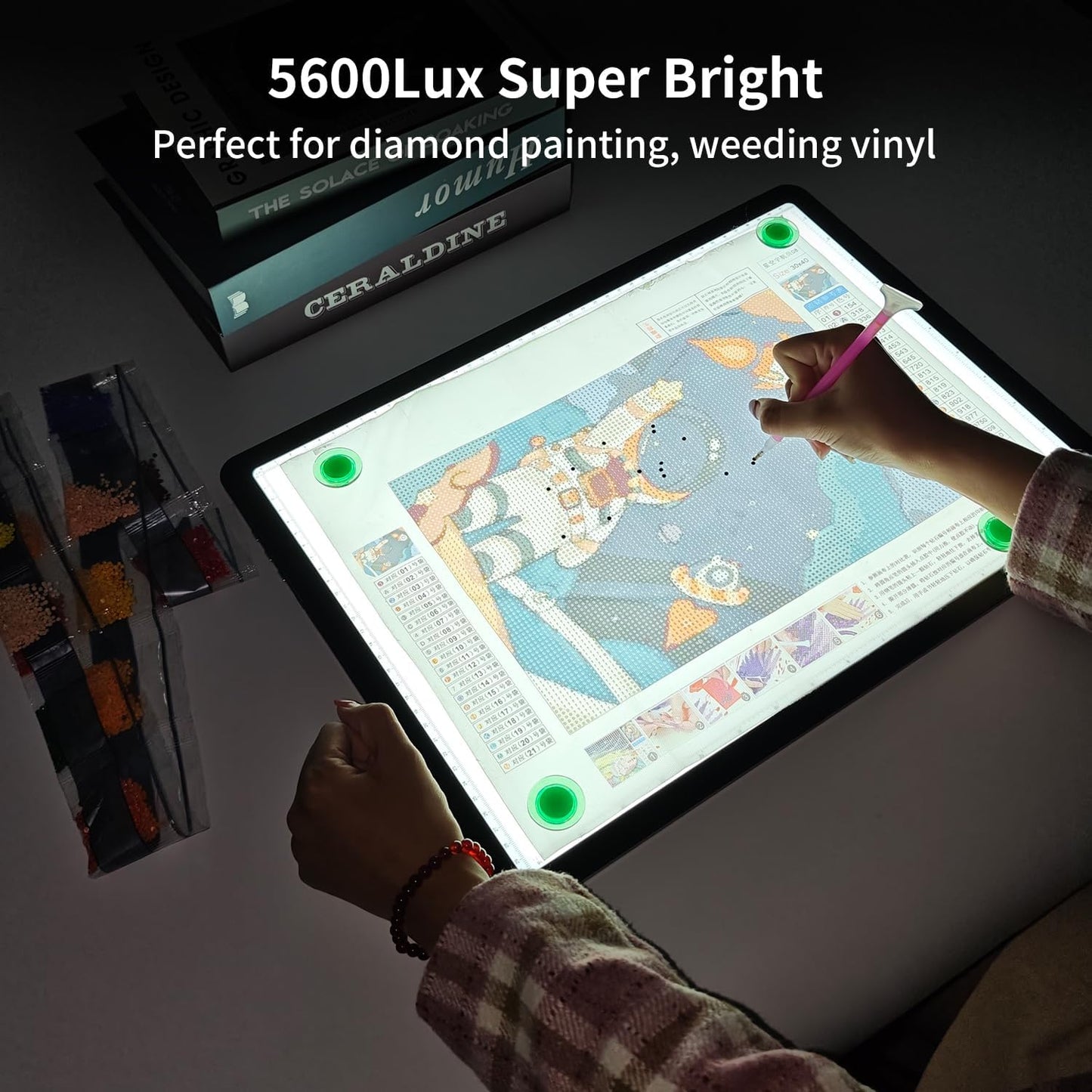 Rechargeable A3 Light Board for Diamond Painting, 5600 Lux Tracing Light Box with Side Physical Buttons, 3 Colors and 6 Levels of Brightness, LED Light Pad for Diamond Art, Drawing, Weeding Vinyl
