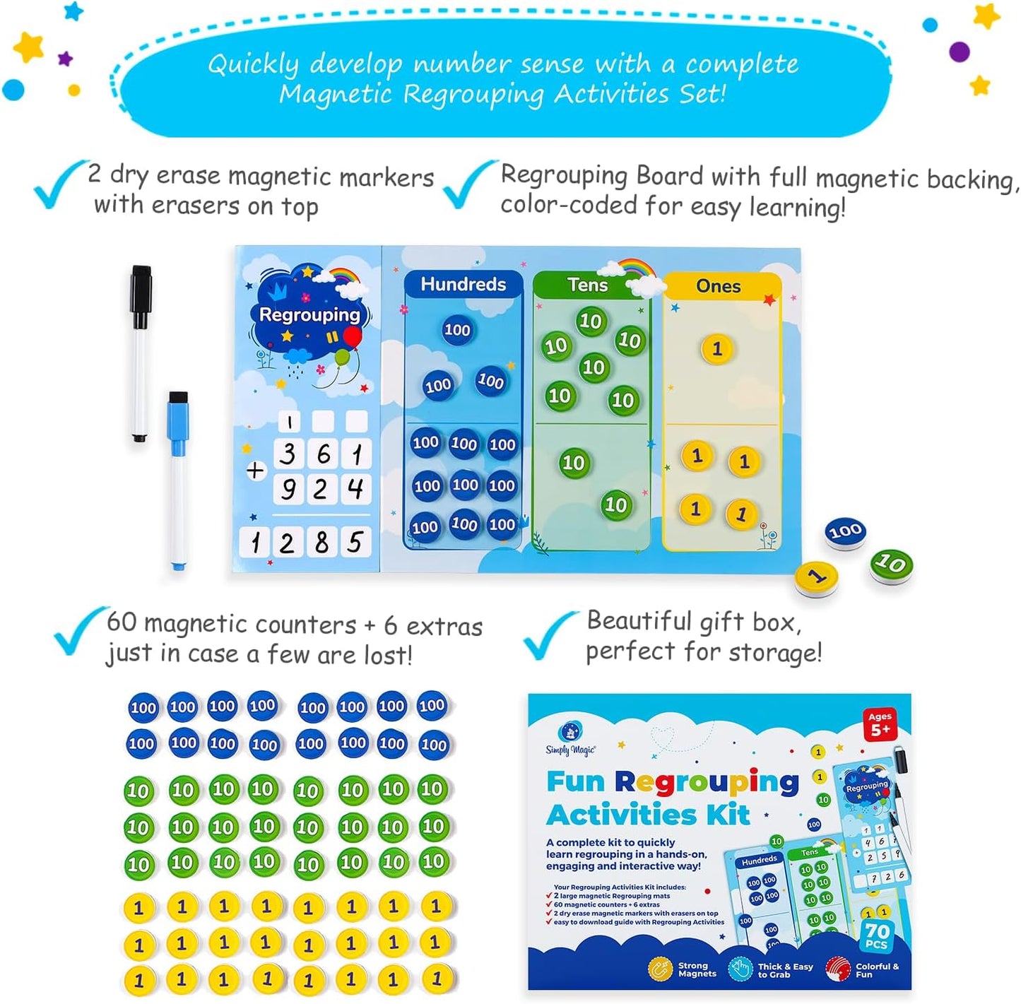 70 PCS Magnetic Regrouping Activities Kit, Place Value Manipulatives 1st 2nd 3rd 4th Grade, Place Value Chart Mat Magnets, Magnetic Place Value Discs, Base 10 Ten Math Manipulatives - Simply Magic
