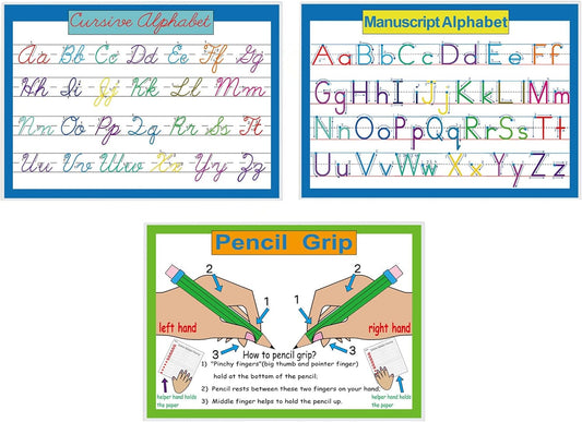 Cursive & Manuscript Alphabet Poster, Laminated, 3 Pcs A4; Charts(Manuscript, Cursive, Pencil Grip), Elementary Homeschool Decor and Teacher Supplies, Handwriting Bulletin Board Display