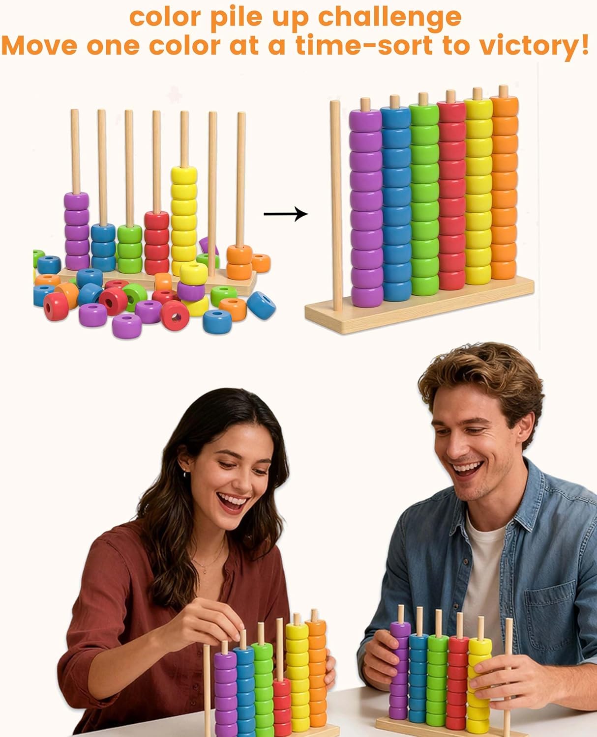 Color Pile Up Challenge, Color Matching Stacking Puzzle Game, Wooden Color Match Challenge Game, Rainbow Ring Challenge Stack Puzzle, Easter Basket Stuffers, Tabletop Brain Games For Family (L-2SET)