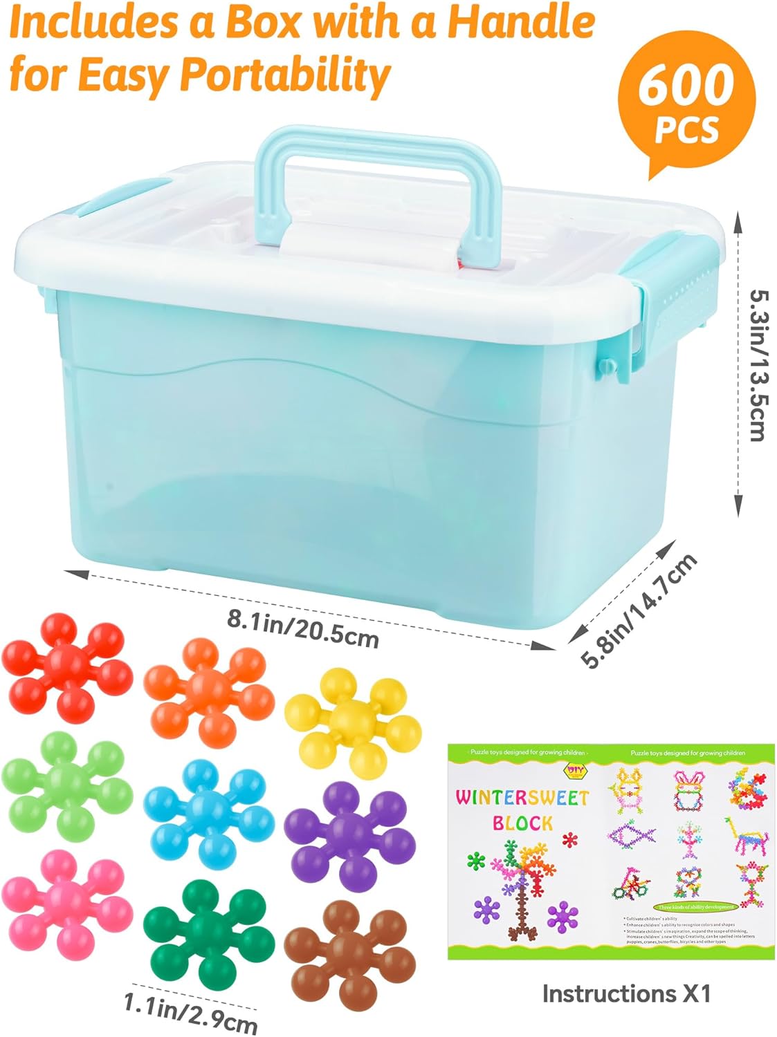 Snowflake Interlocking Building Block Educational Toy 300PCS for Kids Ages 3+, Multi-Color Solid Plastic Early Learning Creativity STEM Toy with Carrying Case Safe Material