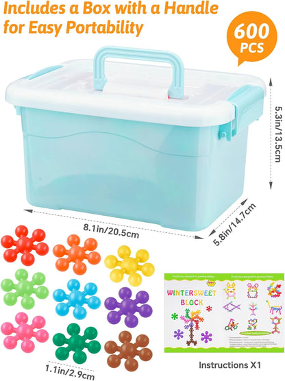 Snowflake Interlocking Building Block Educational Toy 300PCS for Kids Ages 3+, Multi-Color Solid Plastic Early Learning Creativity STEM Toy with Carrying Case Safe Material