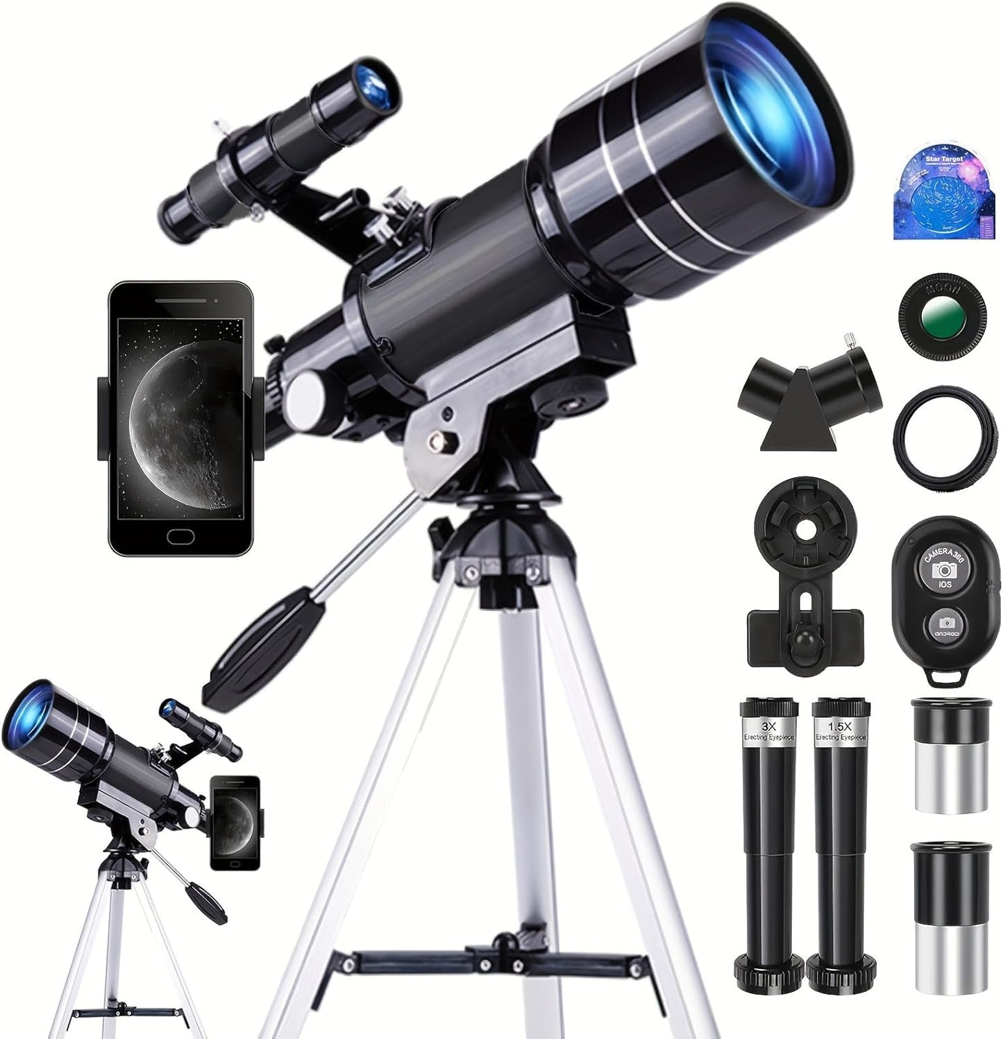 150x Telescope, 70mm Aperture Telescope, High Magnification, Portable Astronomical Telescope (White)