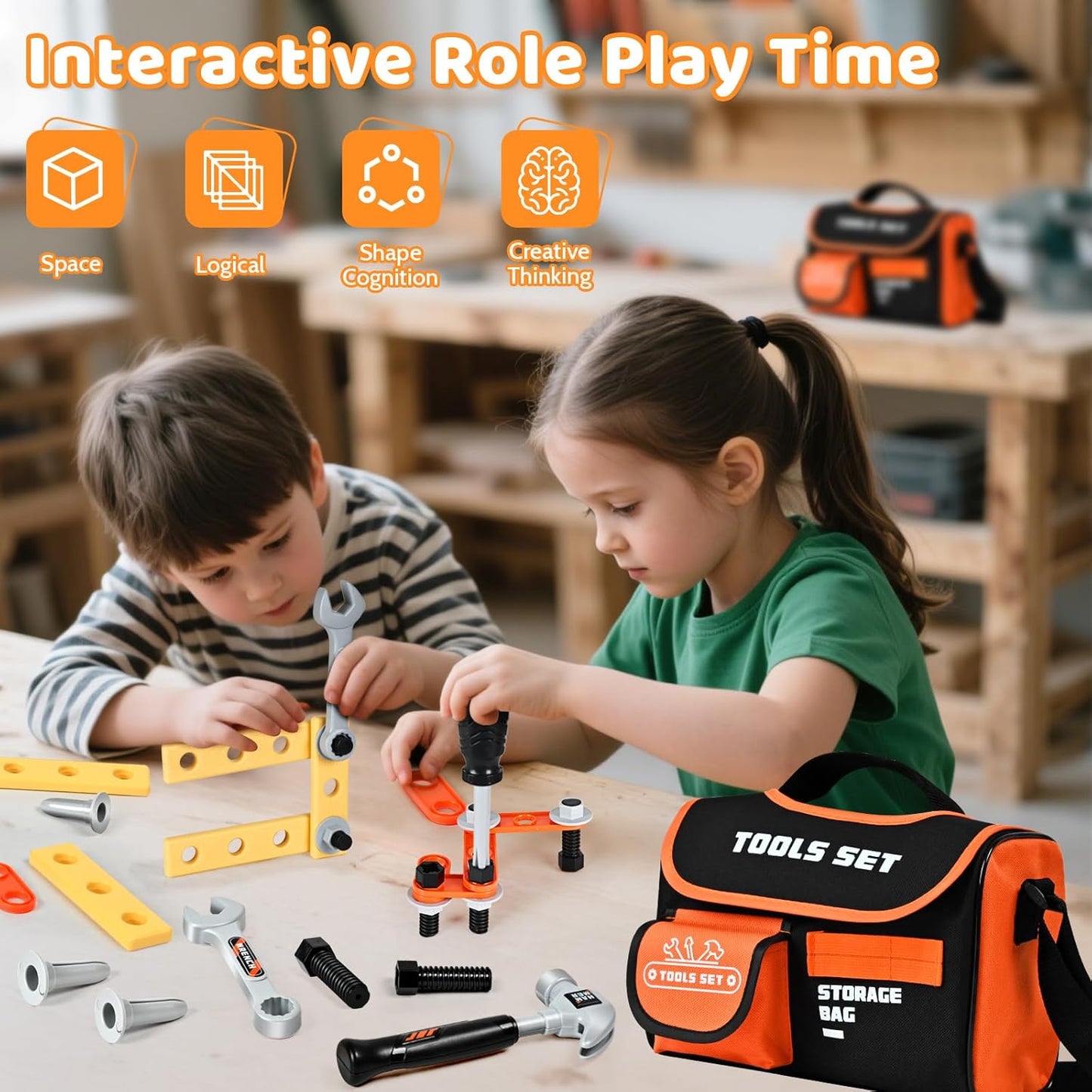 Kids Tool Set 49 PCS, Portable Tool Bag with Battery Powered Toy Drill & Adjustable Belt, Pretend Play Toddler Tool Set, Construction Toys for Boys & Girls Age 3-8, STEM Gifts