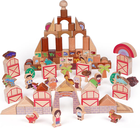 145-Piece Wooden Dinosaur Park Building Blocks Set – Montessori Educational Construction Toy Made from 10 Premium Hardwoods, STEM Learning Blocks for Toddlers & Kids Ages 3–6