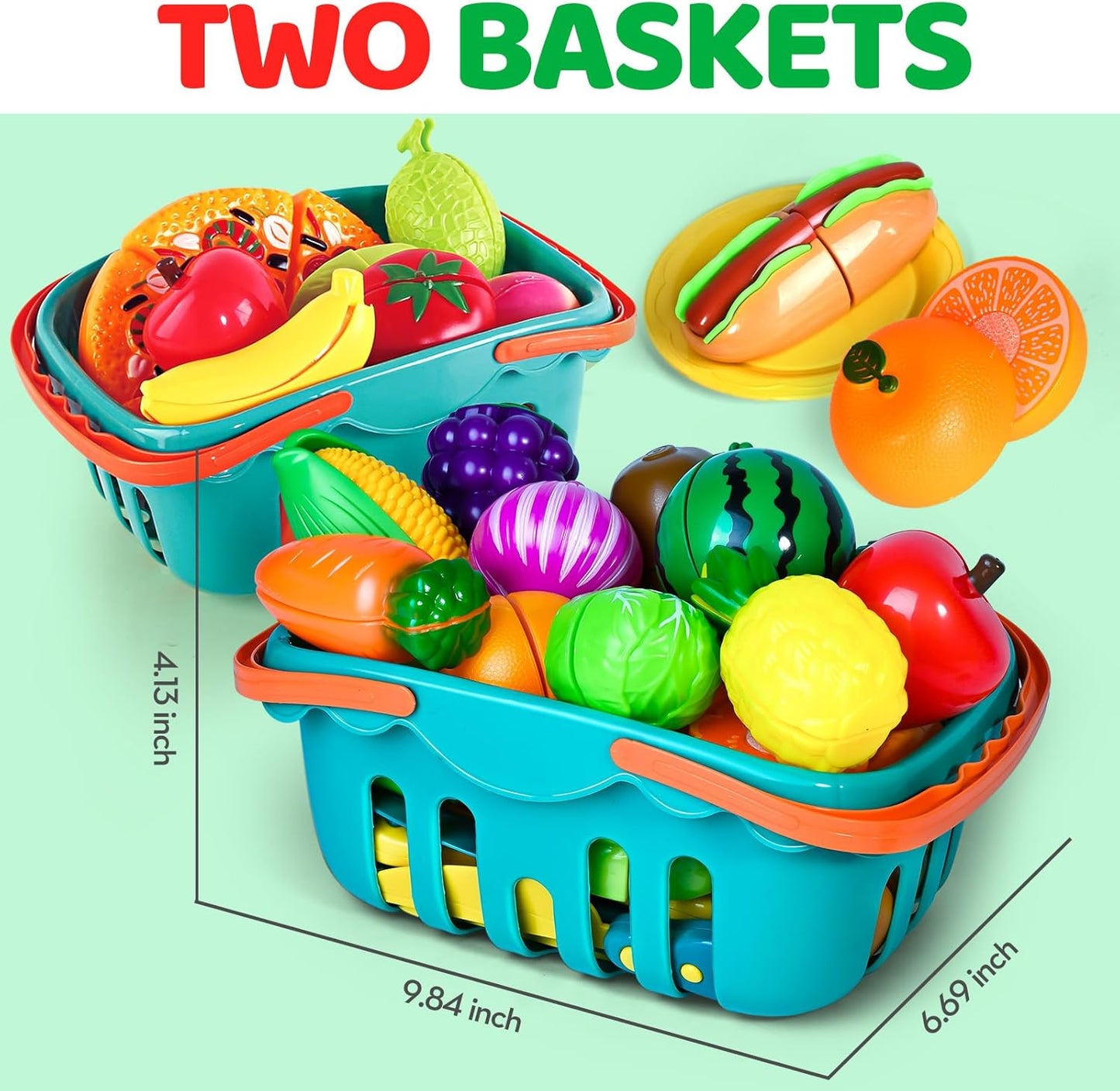 100 PCS Cutting Play Food Toy for Kids Kitchen, Pretend Food Toys for Toddlers, Play Kitchen Toys Accessories with 2 Baskets, Fake Food/Fruit/Vegetable, Birthday Gifts for 3 4 5 Years Old Boys Girls