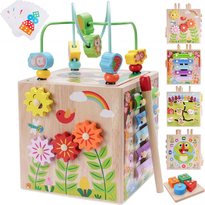 Wooden Activity Cube | Montessori Toys for 1 2 3 Year Old Toddlers | One Year Old 1st First Birthday Gift | Educational Toys for 12+ Months Baby Boys Girls | Bonus Sorting & Stacking Game (Pink)