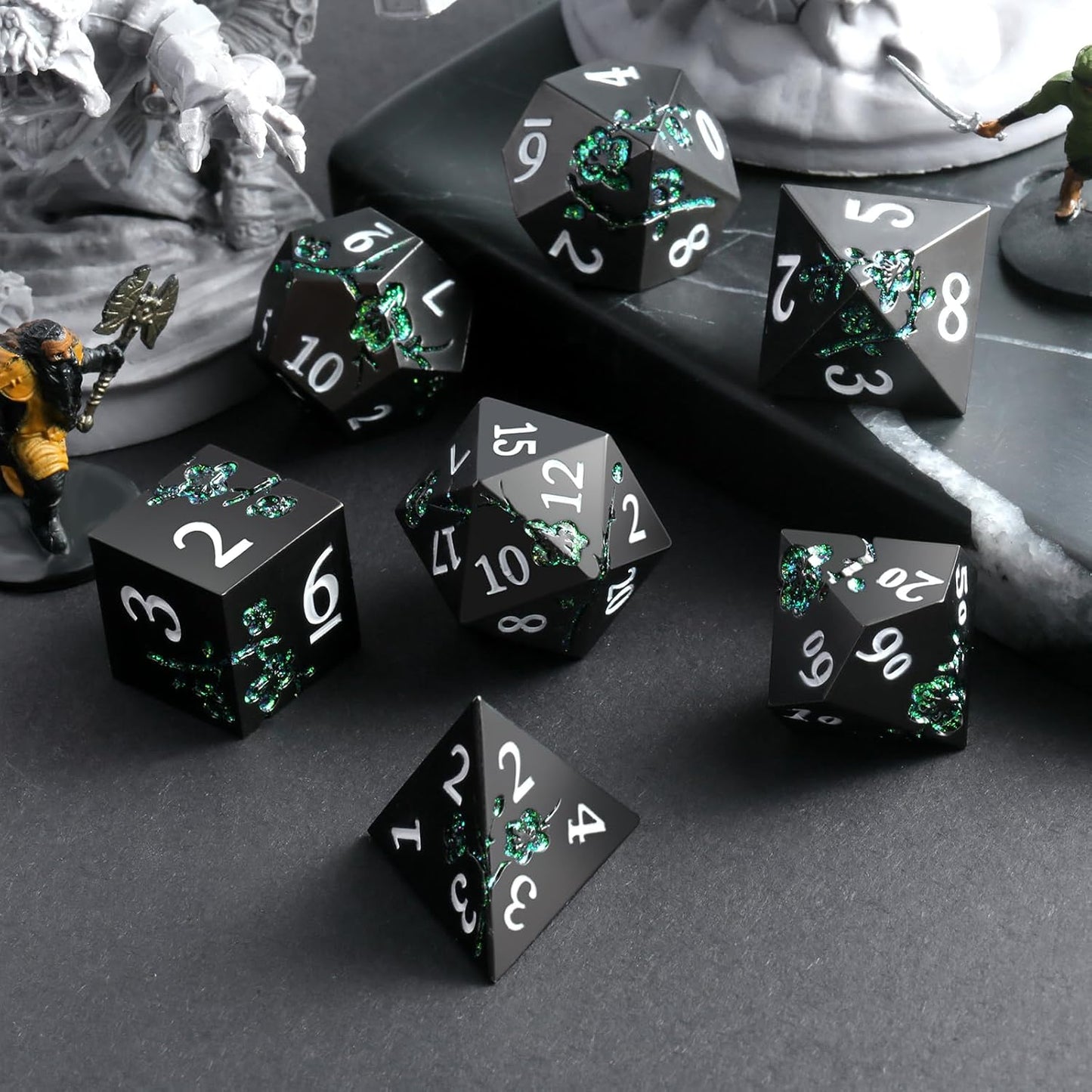 DnDnD Heavy Polyhedral Metal Dice Set with Metal Box, 7-die Shiny Blue Surface with Golden Number for RPG,Dungeons and Dragons,Pathfinder,Shadowrun,D&D,Role Palying Game and Math Teaching - Colors B