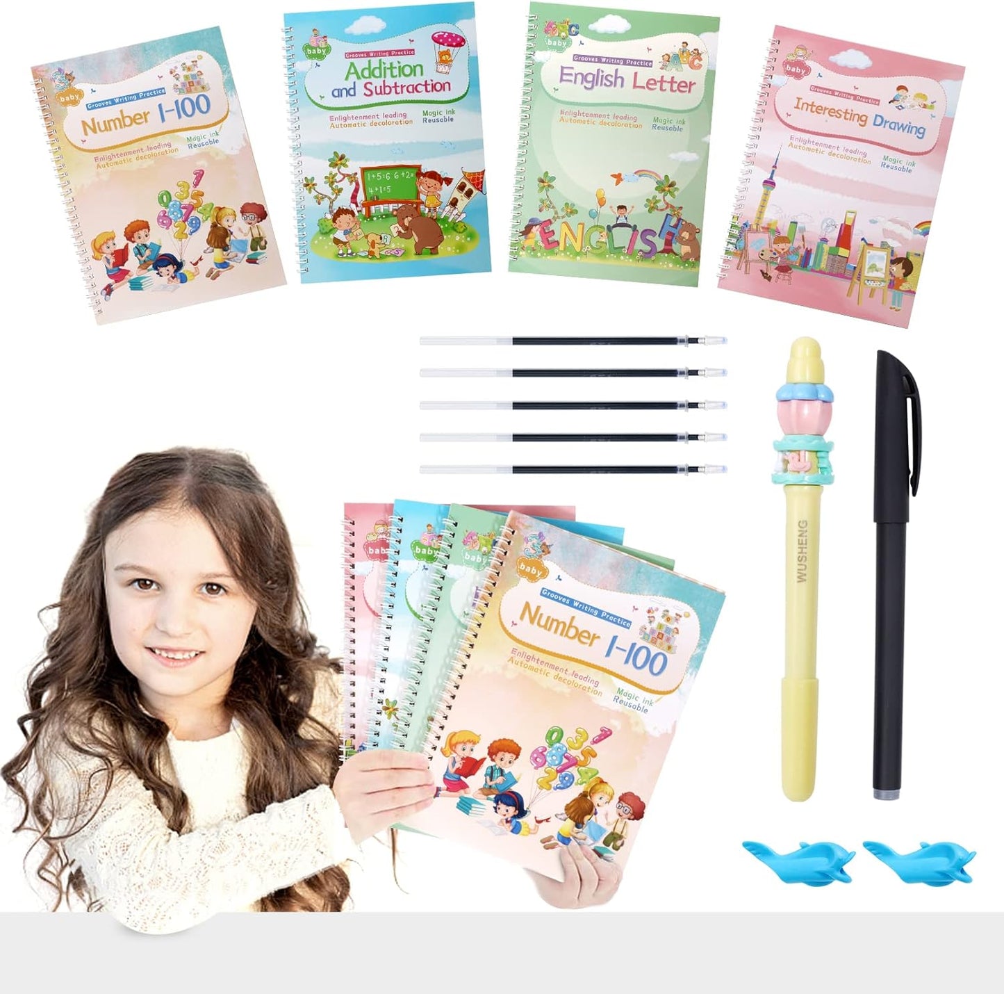 CosyCorner Magical Handwriting Workbooks Handwriting Practice Magic Copybook, Handwriting Aid Magic Pen Reusable Copybook Grooves Template Design for Children (6)
