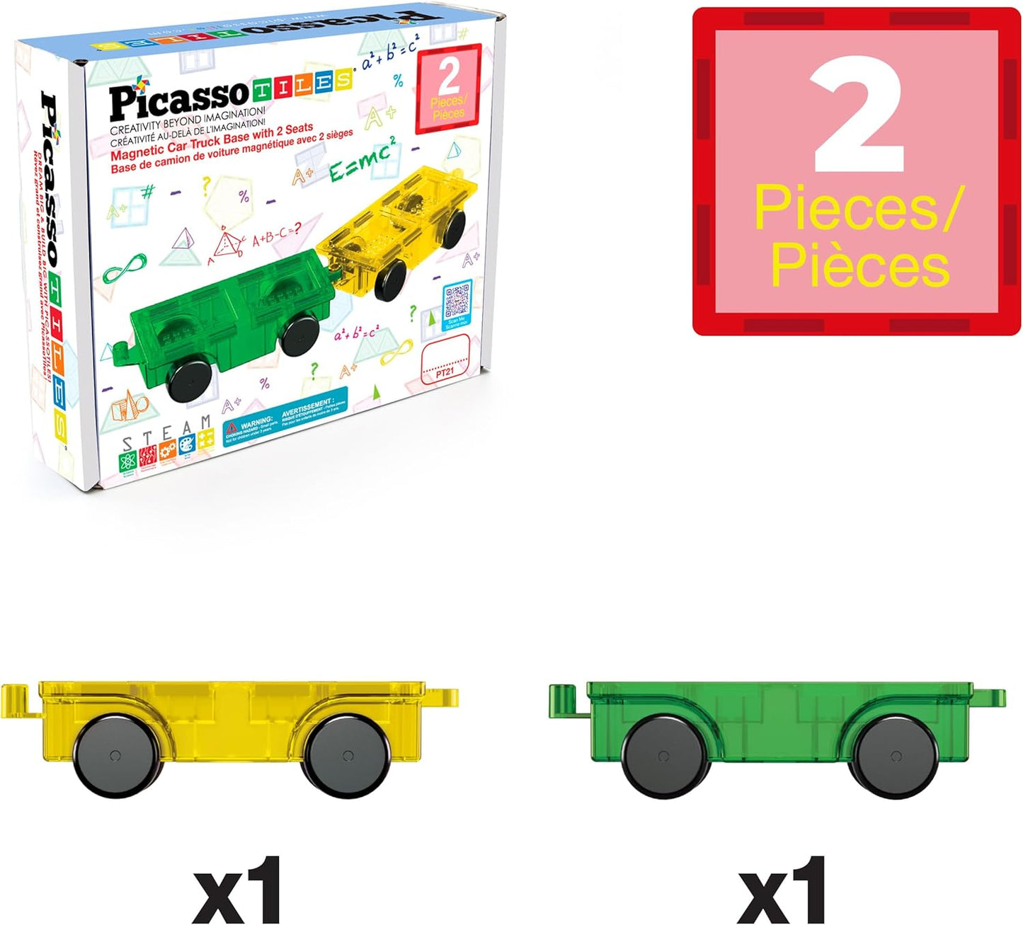 PicassoTiles 2 Piece Car Truck Construction Kit Toy Set Vehicle for Magnetic Blocks Building Tile Sensory Magnet Toys with Re-Enforced Hitch & Long Bed Educational Puzzle Girls Boys Toddlers Ages 3+