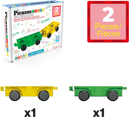 PicassoTiles 2 Piece Car Truck Construction Kit Toy Set Vehicle for Magnetic Blocks Building Tile Sensory Magnet Toys with Re-Enforced Hitch & Long Bed Educational Puzzle Girls Boys Toddlers Ages 3+