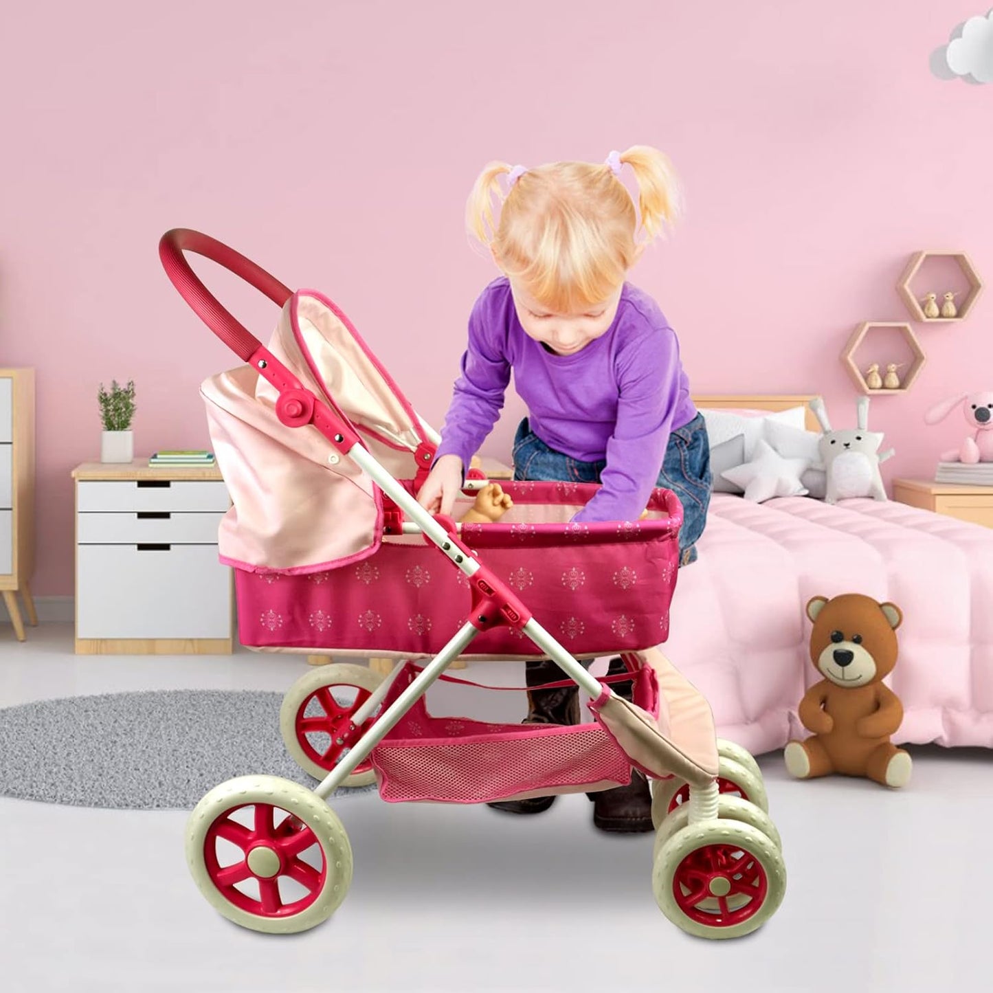 Anivia Stroller Toy Collection Doll Stroller Baby Doll Accessories for Toddlers 1-3Heart Design Gifts for Toddlers and Girls Toy Stroller