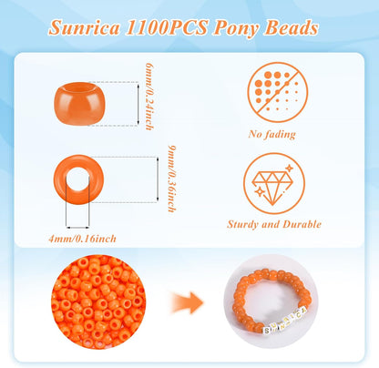 1100Pcs Red Pony Beads 6x9mm Large Hole Plastic Hair Beads for Braids, Kandi Bracelets, Keychains, Jewelry Making