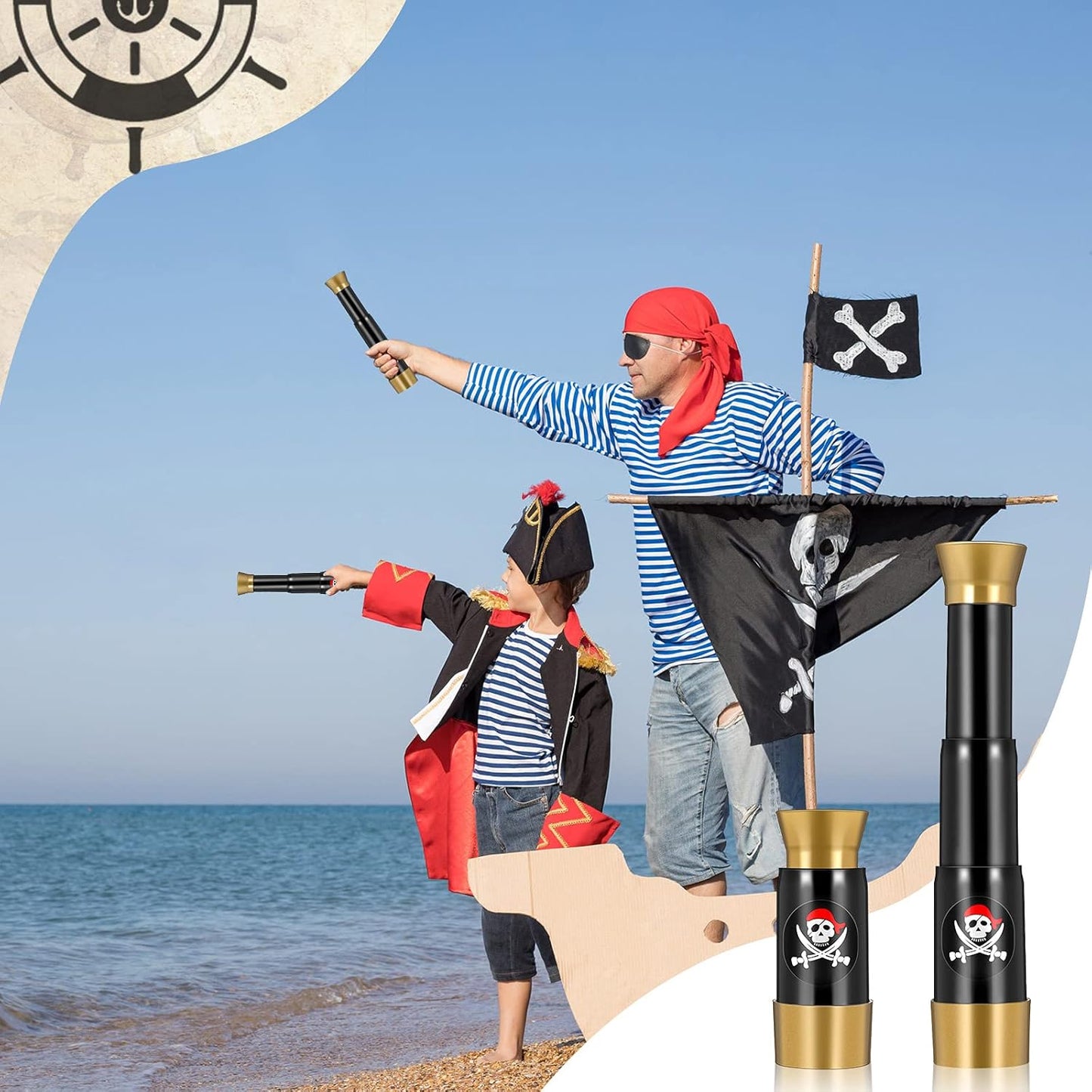 2 Pieces Plastic Pirate Telescope Toy Portable Adjustable Mini Retro Telescope Mini Plastic Pirate Captain Monocular Telescopes Toy for Party Favor Supplies, Bronze and Black