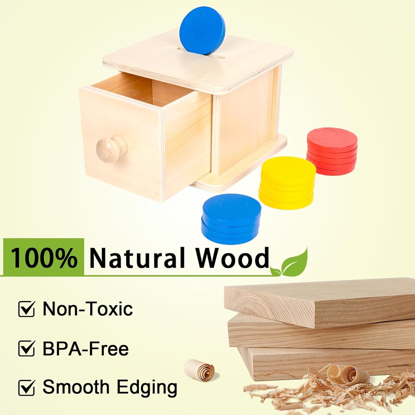 Adena Montessori Coin Box -Natural Wood Double-Sided Object Permanence Box Toy for 1-Year-Old Babies, Wooden Montessori Developmental Toy for 6-12 Month, Early Learning Gift