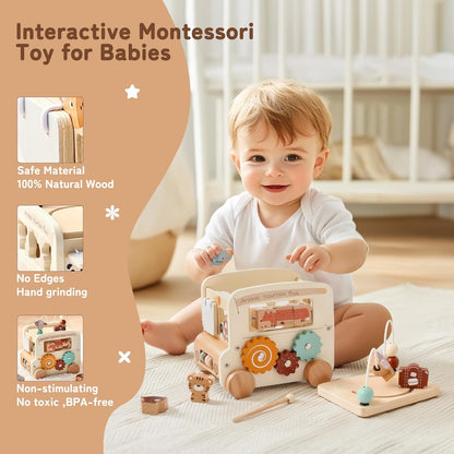 Wooden Activity Cube - 8 in 1 Montessori Toys Boys Girls, Multipurpose Educational Learning Toys for Toddlers Baby Activity Cubes with Animal Tourism Bus Theme