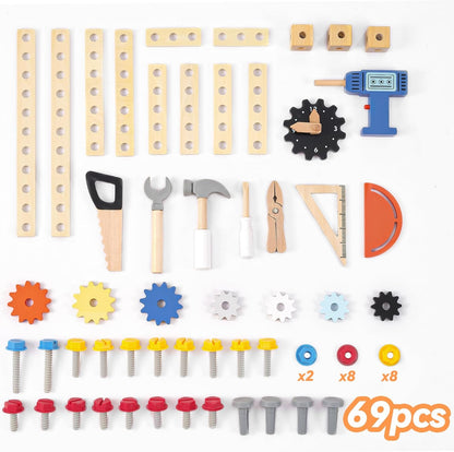 Pillowhale Wooden Kids Tool Bench, Large Size Toddler Workbench Toy with Tools, Gears & Storage, Construction & STEM Building Workshop Tool Bench Toys for Kids Ages 3–6