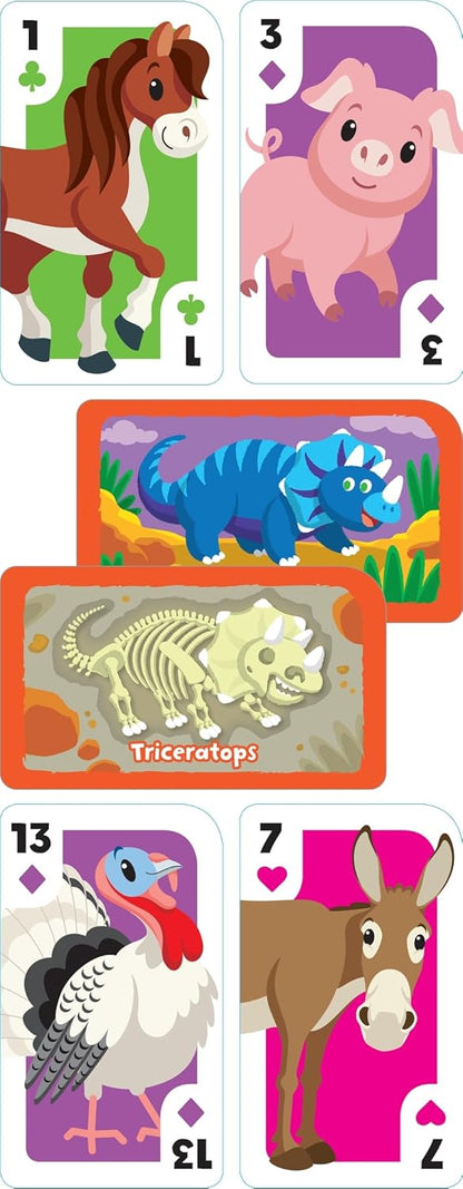 School Zone Get Ready Game Cards Farm Animal Rummy & Dino Dig 2-Pack: 108 Flash Cards, Preschool, Kindergarten, Numbers, Counting, Spelling, Matching, Dinosaurs, Word-Picture Association, Ages 4+